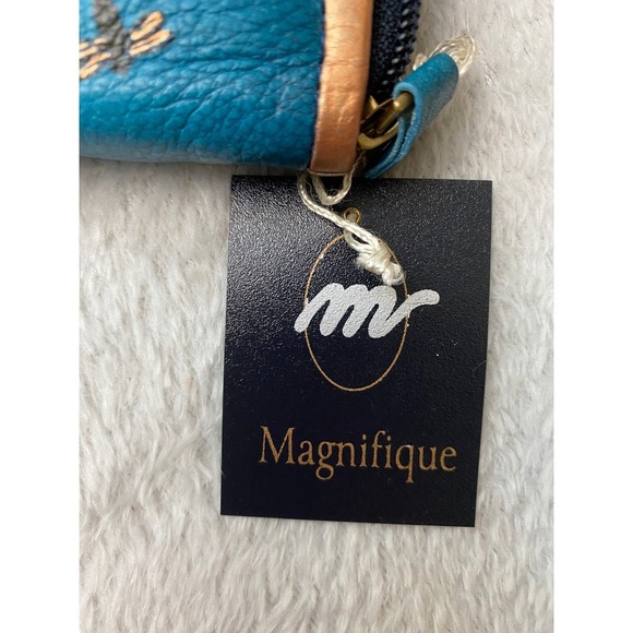 Magnifique Hand Painted Flower Zip Around Wallet Teal Blue Purple Leather NWT - Picture 8 of 8